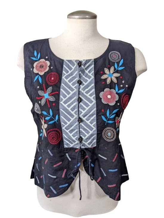 Gudrun Sjöden Jackets & Blazers - Gudrun Sjoden Womens Vest Black Gray Floral Embroidered Cotton Small Boho Artsy